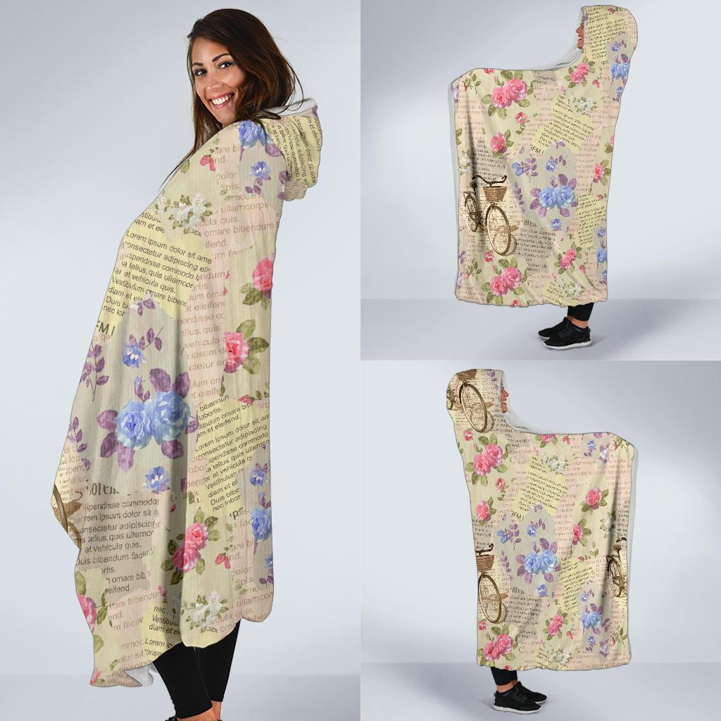 Floral Newspaper Pattern Print Hooded Blanket-grizzshop
