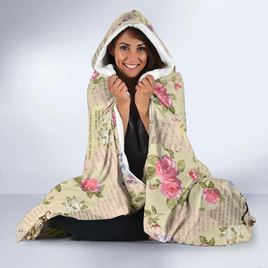 Floral Newspaper Pattern Print Hooded Blanket-grizzshop