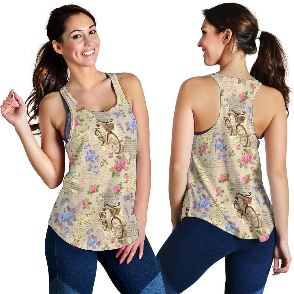 Floral Newspaper Pattern Print Racerback Tank Tops-grizzshop