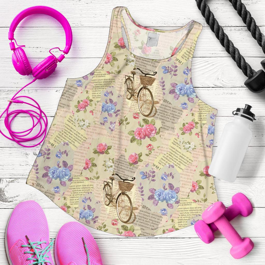 Floral Newspaper Pattern Print Racerback Tank Tops-grizzshop