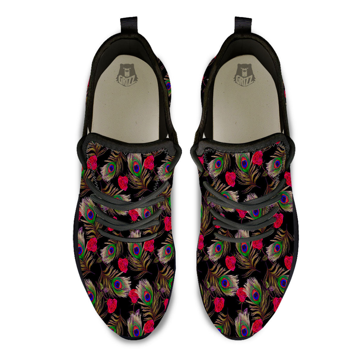 Floral Peacock Feather Print Pattern Black Athletic Shoes-grizzshop