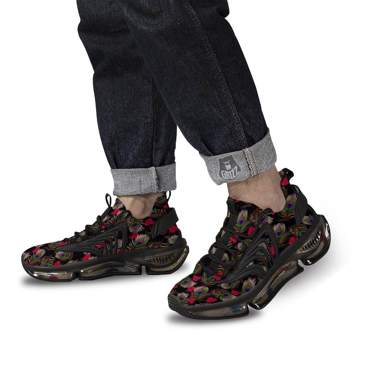 Floral Peacock Feather Print Pattern Black Gym Shoes-grizzshop