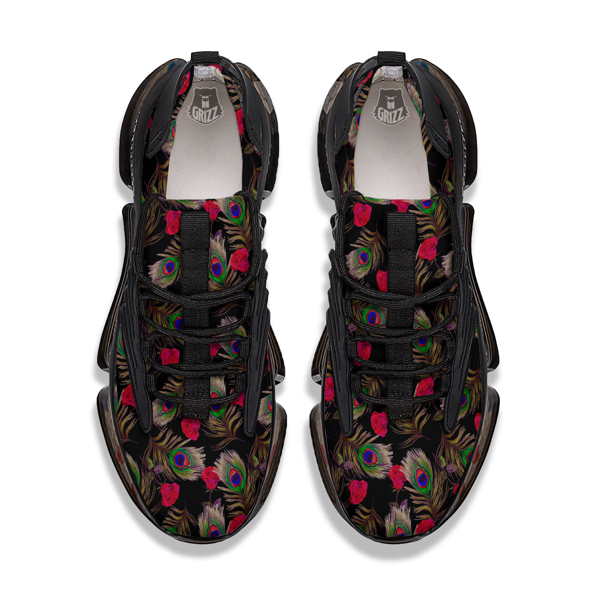 Floral Peacock Feather Print Pattern Black Gym Shoes-grizzshop