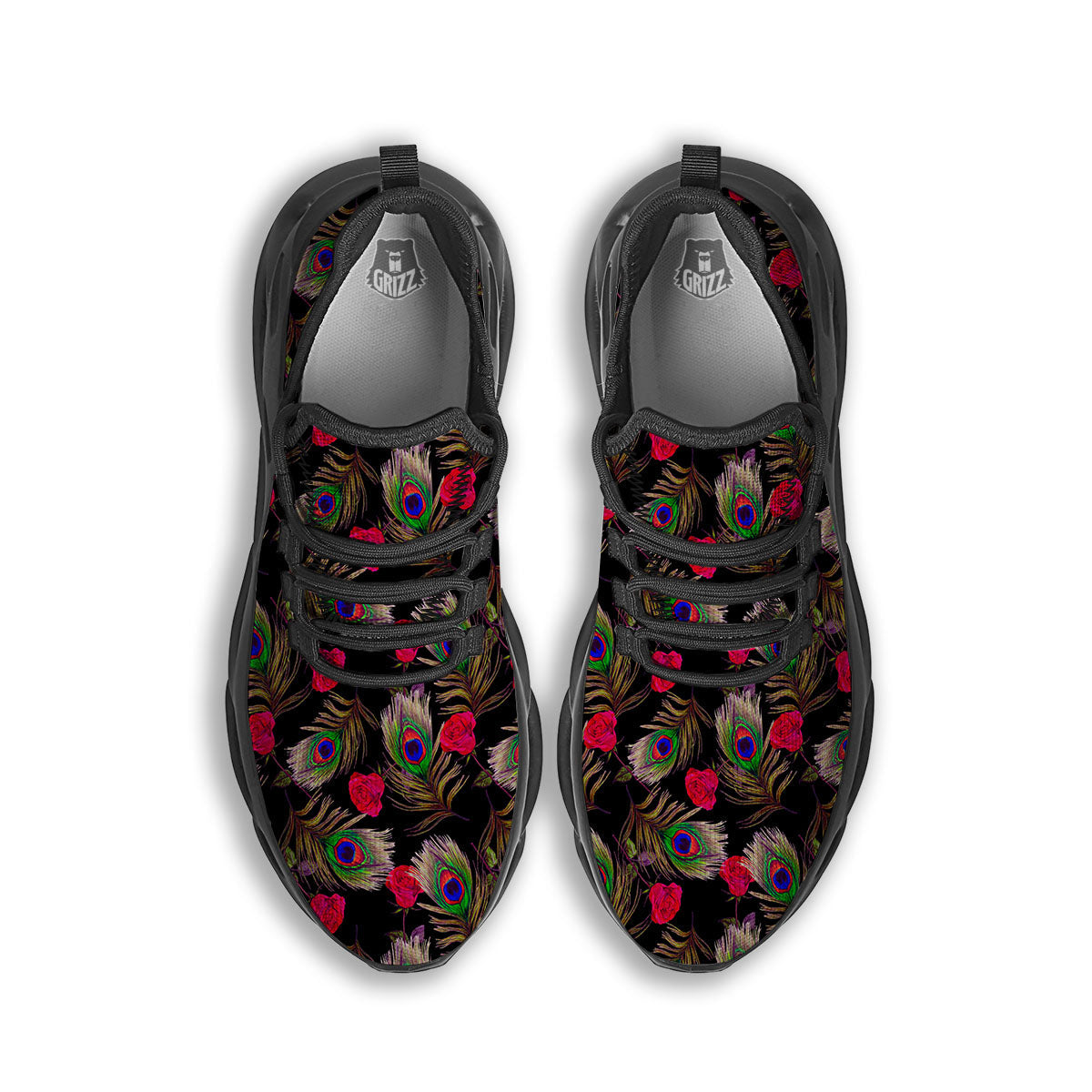Floral Peacock Feather Print Pattern Black Running Shoes-grizzshop