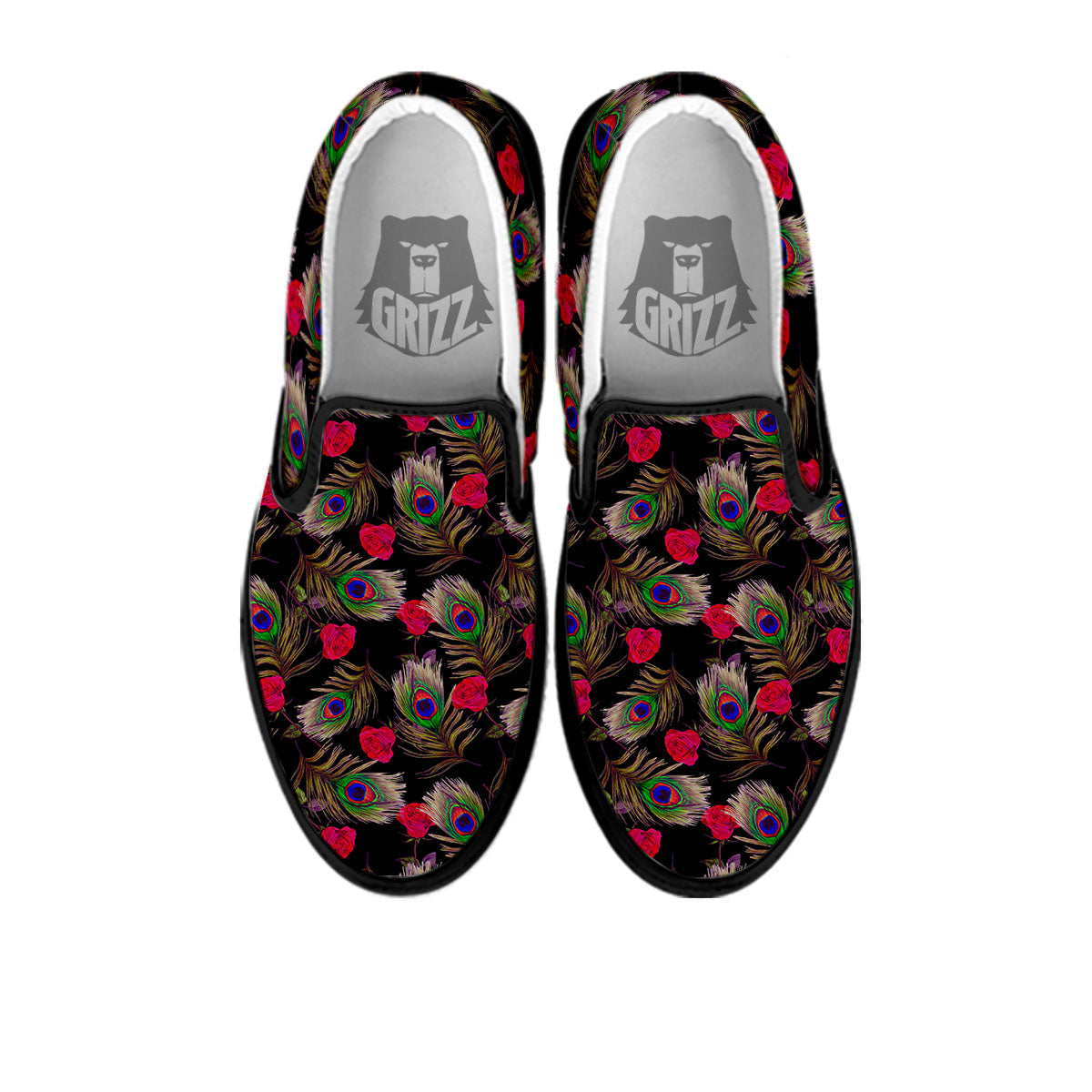 Floral Peacock Feather Print Pattern Black Slip On Shoes-grizzshop