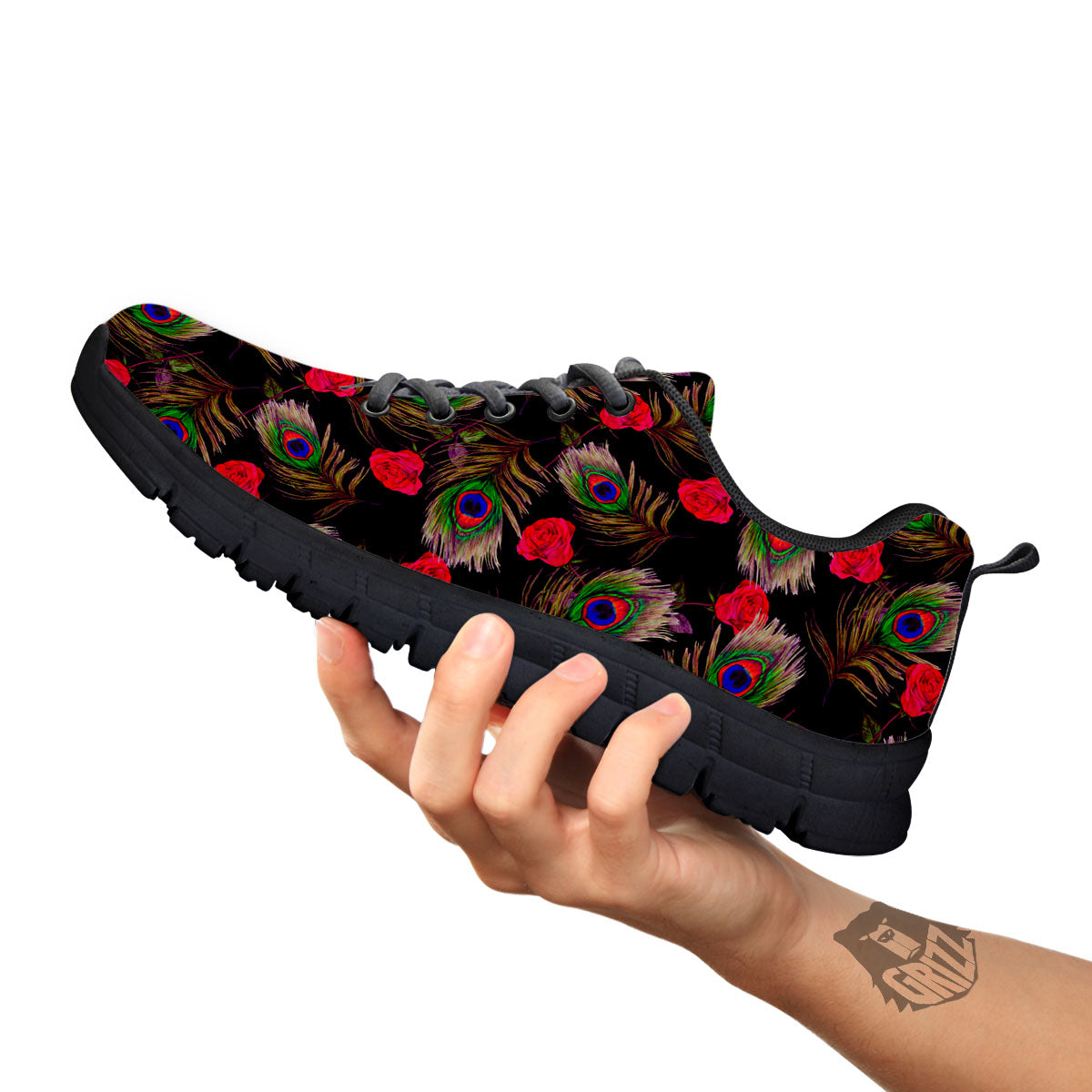 Floral Peacock Feather Print Pattern Black Sneaker-grizzshop