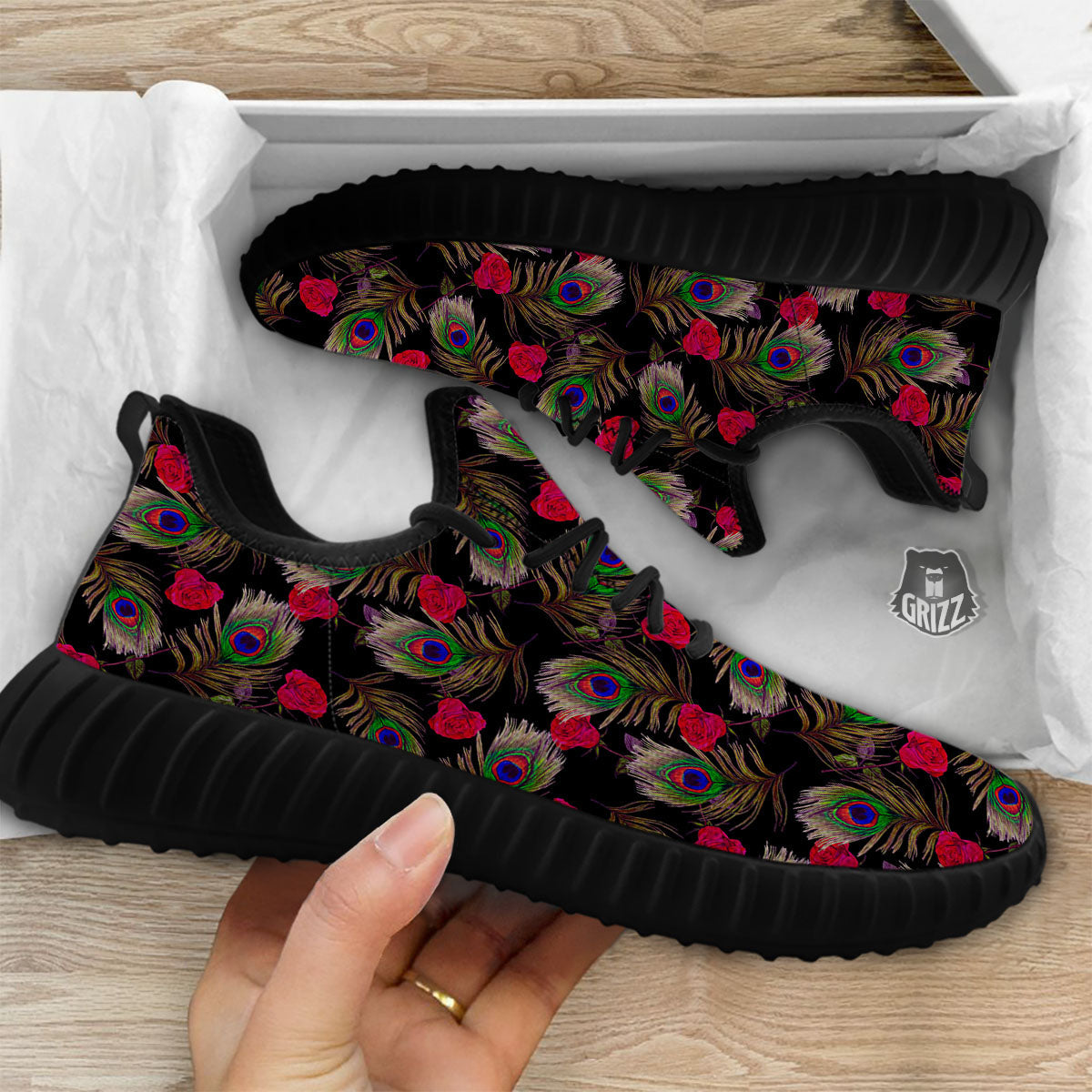 Floral Peacock Feather Print Pattern Black Walking Shoes-grizzshop