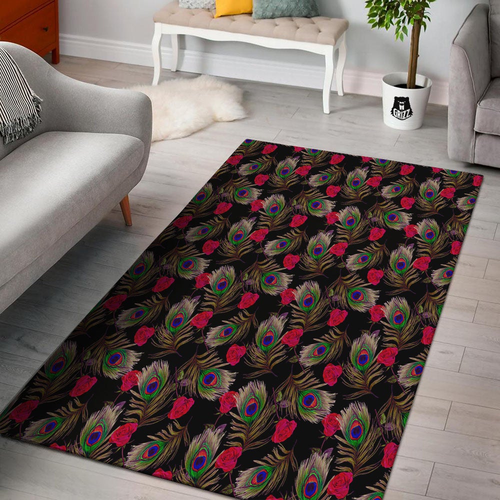 Floral Peacock Feather Print Pattern Floor Mat-grizzshop