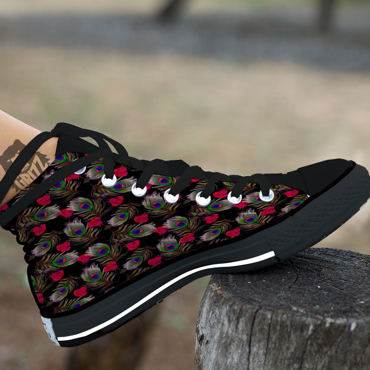Floral Peacock Feather Print Pattern High Top Shoes-grizzshop