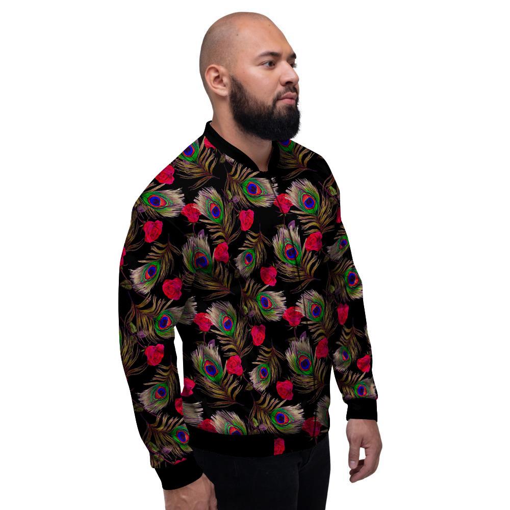 Floral Peacock Feather Print Pattern Men's Bomber Jacket-grizzshop