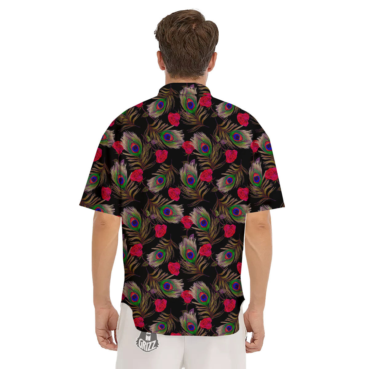 Floral Peacock Feather Print Pattern Men's Short Sleeve Shirts-grizzshop