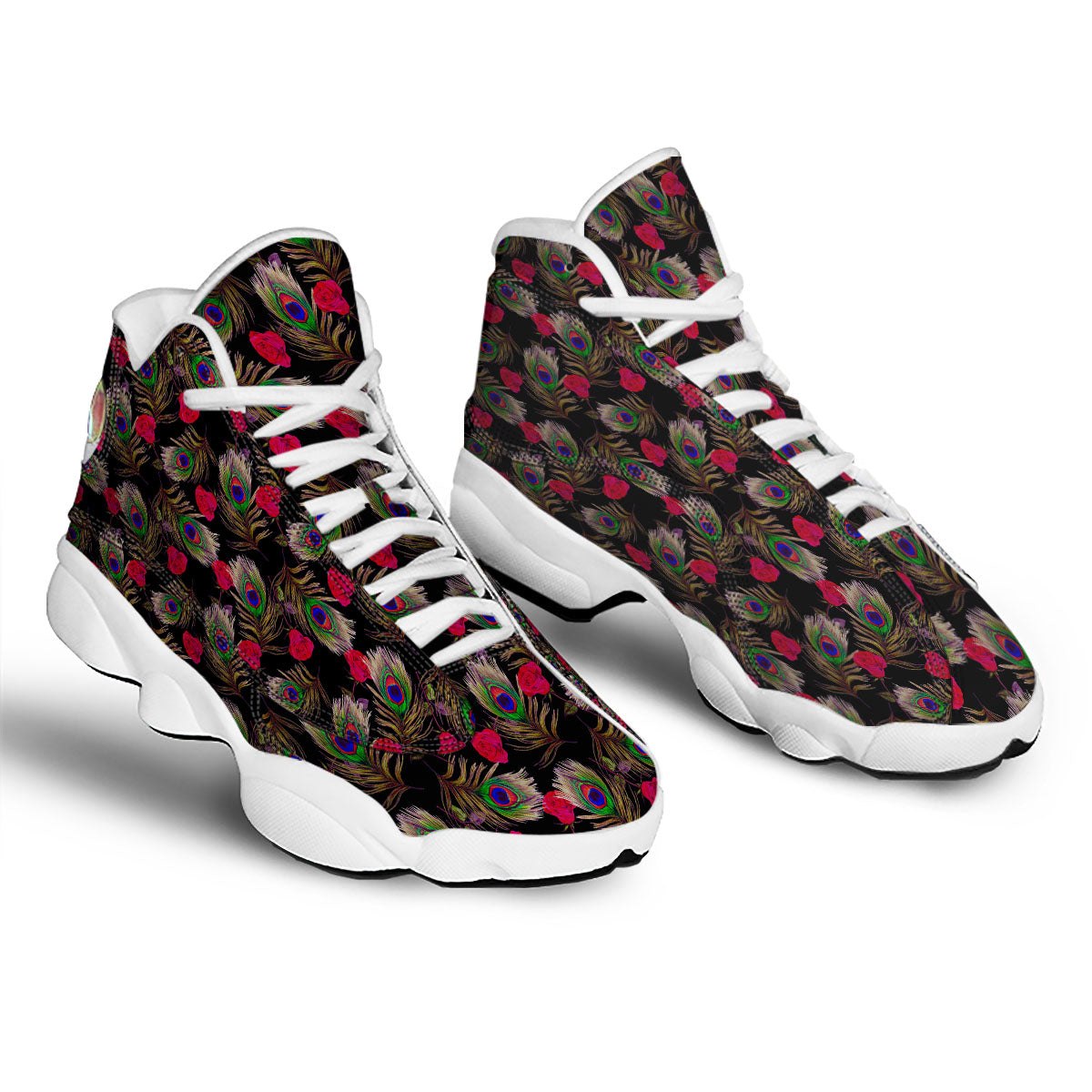 Floral Peacock Feather Print Pattern White Basketball Shoes-grizzshop