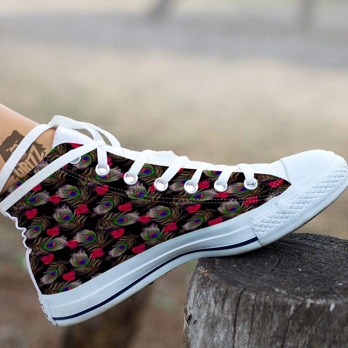 Floral Peacock Feather Print Pattern White High Top Shoes-grizzshop