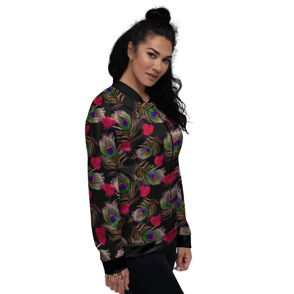 Floral Peacock Feather Print Pattern Women's Bomber Jacket-grizzshop