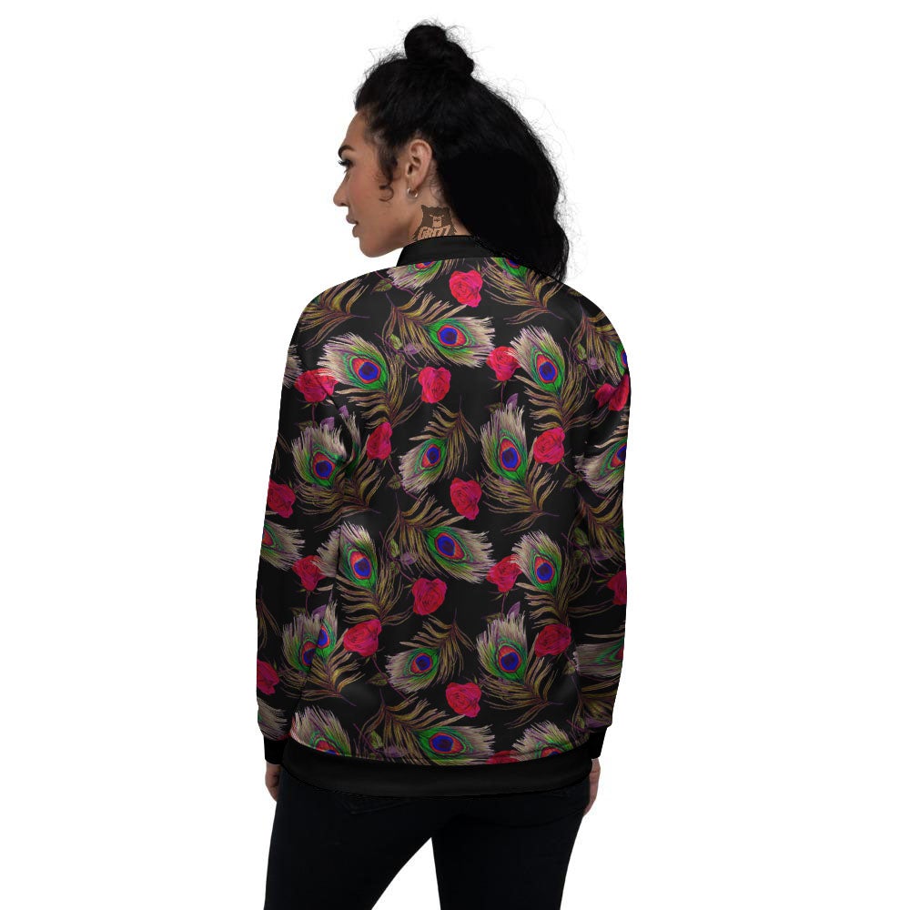 Floral Peacock Feather Print Pattern Women's Bomber Jacket-grizzshop