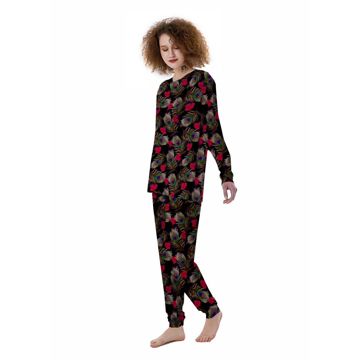 Floral Peacock Feather Print Pattern Women's Pajamas-grizzshop
