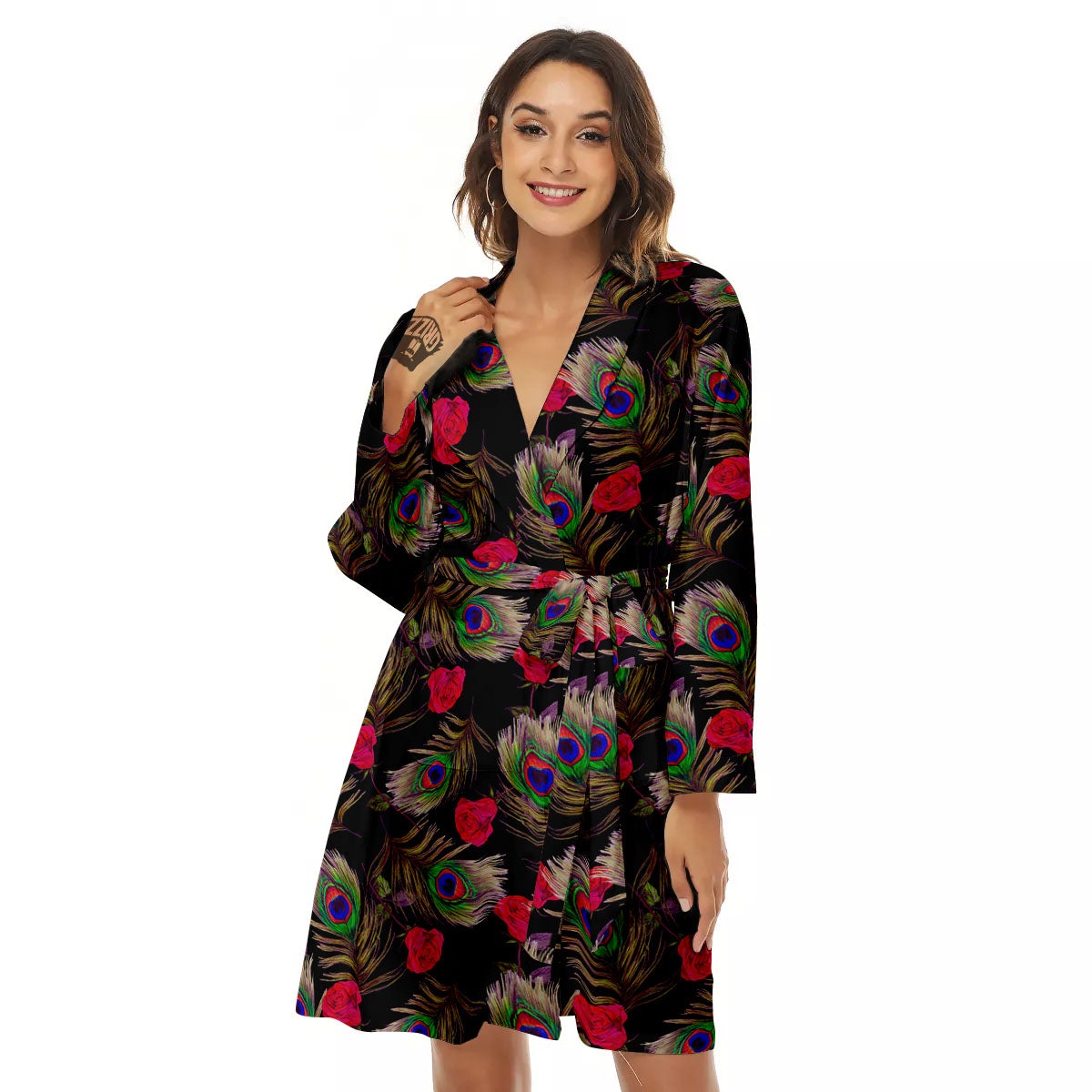 Floral Peacock Feather Print Pattern Women's Robe-grizzshop