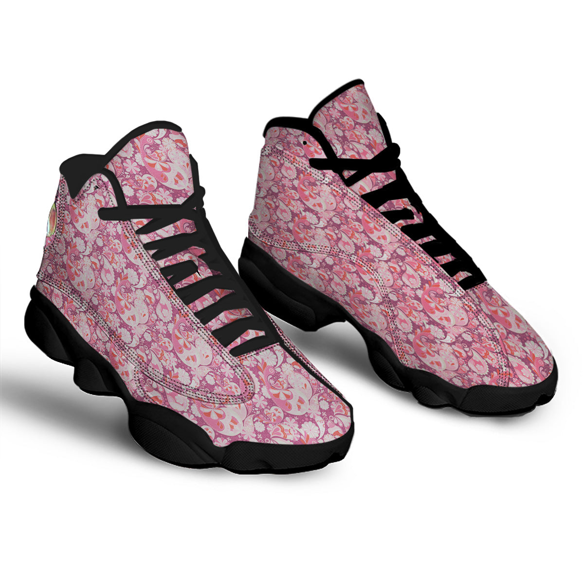 Floral Pink Paisley Print Pattern Black Basketball Shoes-grizzshop