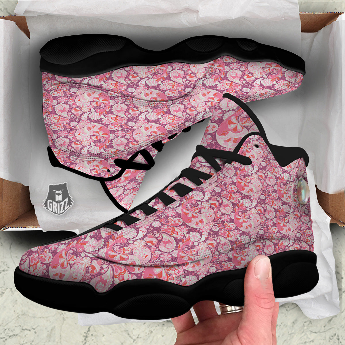 Floral Pink Paisley Print Pattern Black Basketball Shoes-grizzshop