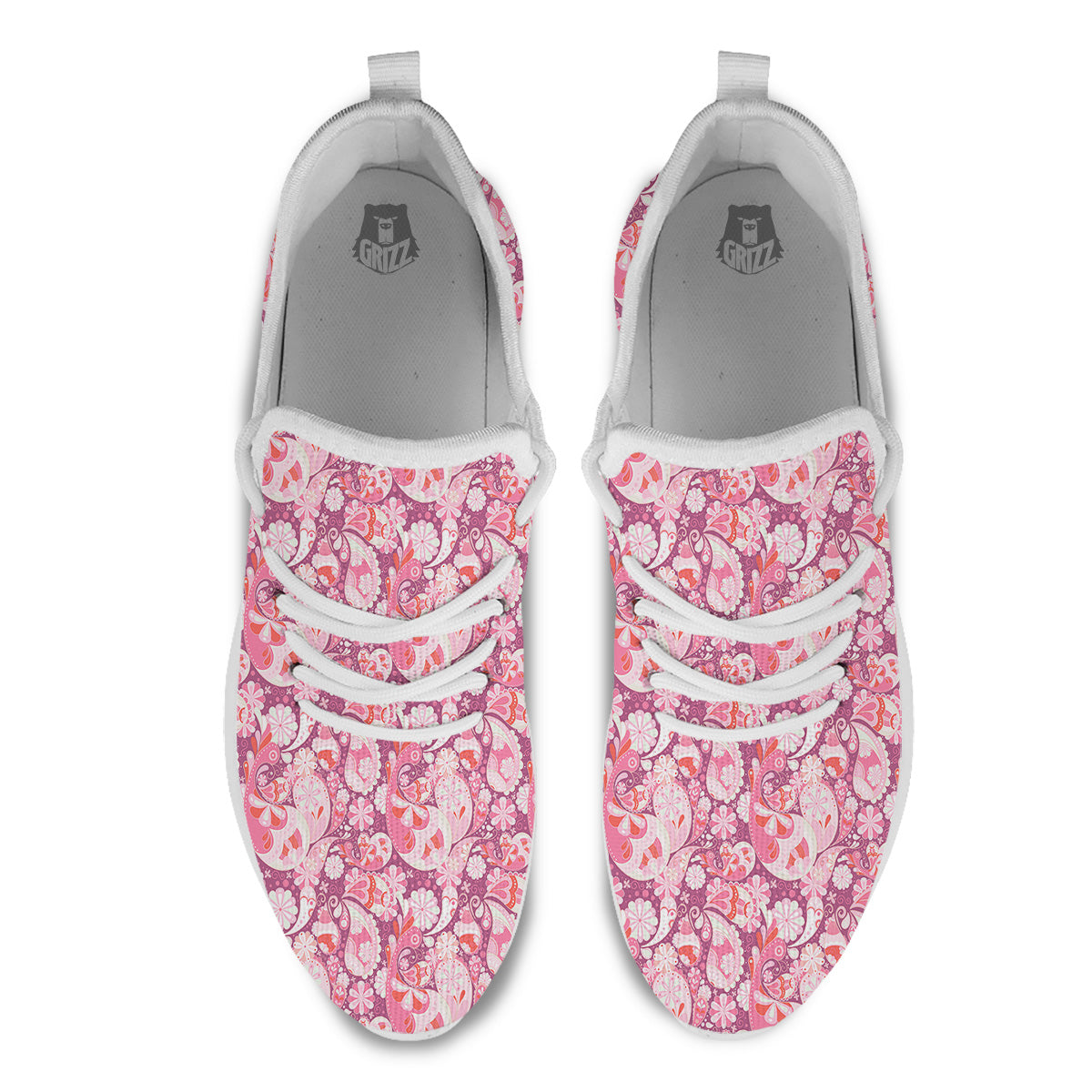 Floral Pink Paisley Print Pattern White Athletic Shoes-grizzshop