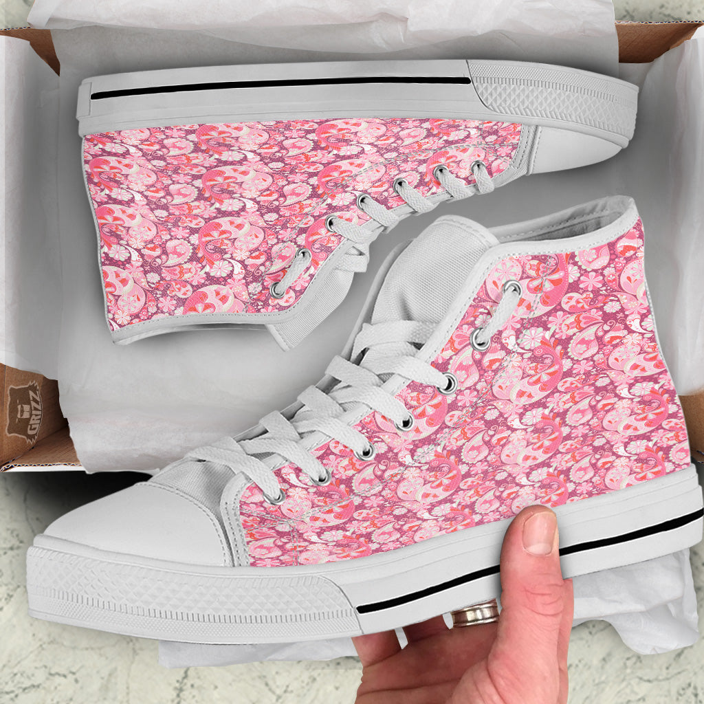Floral Pink Paisley Print Pattern White High Top Shoes-grizzshop