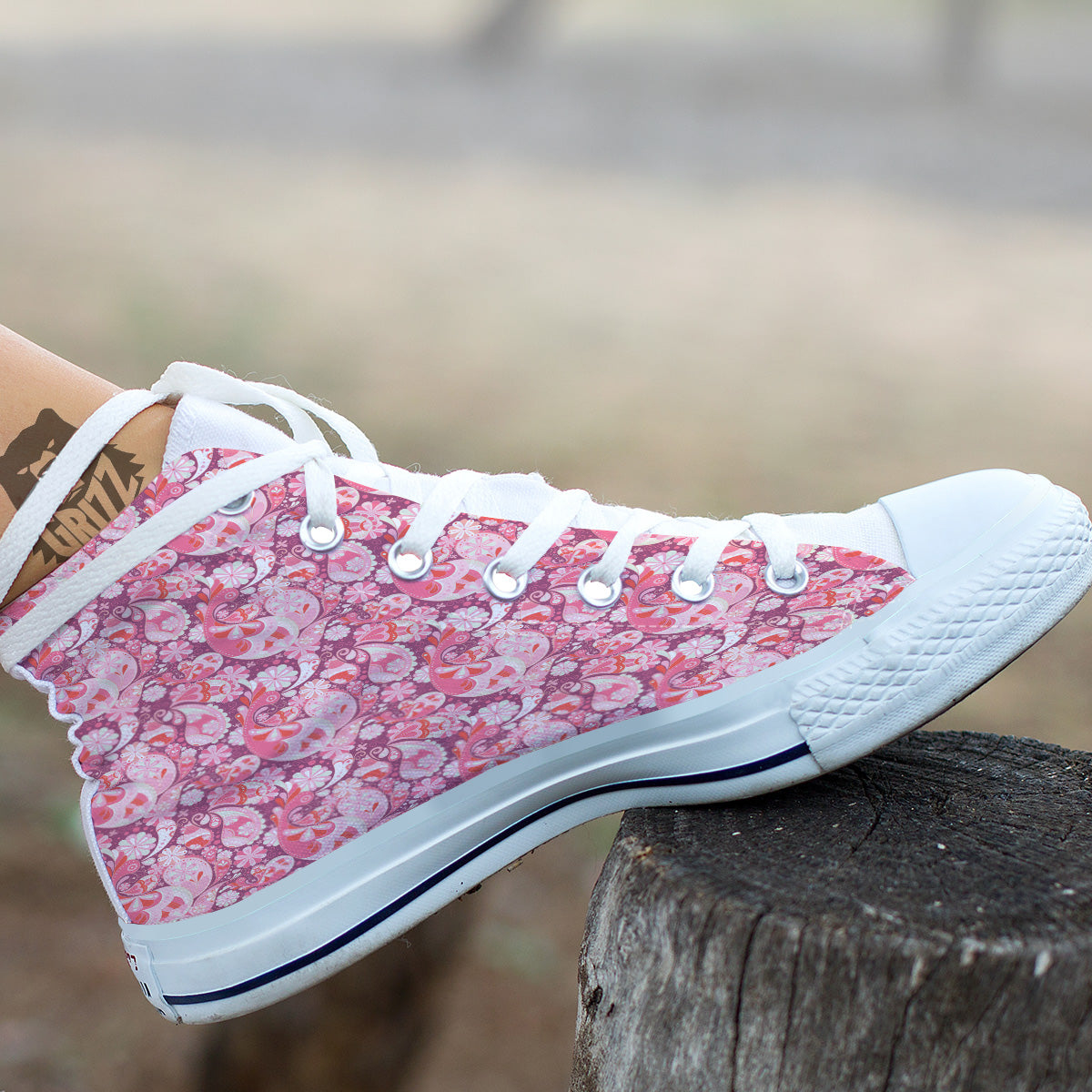 Floral Pink Paisley Print Pattern White High Top Shoes-grizzshop