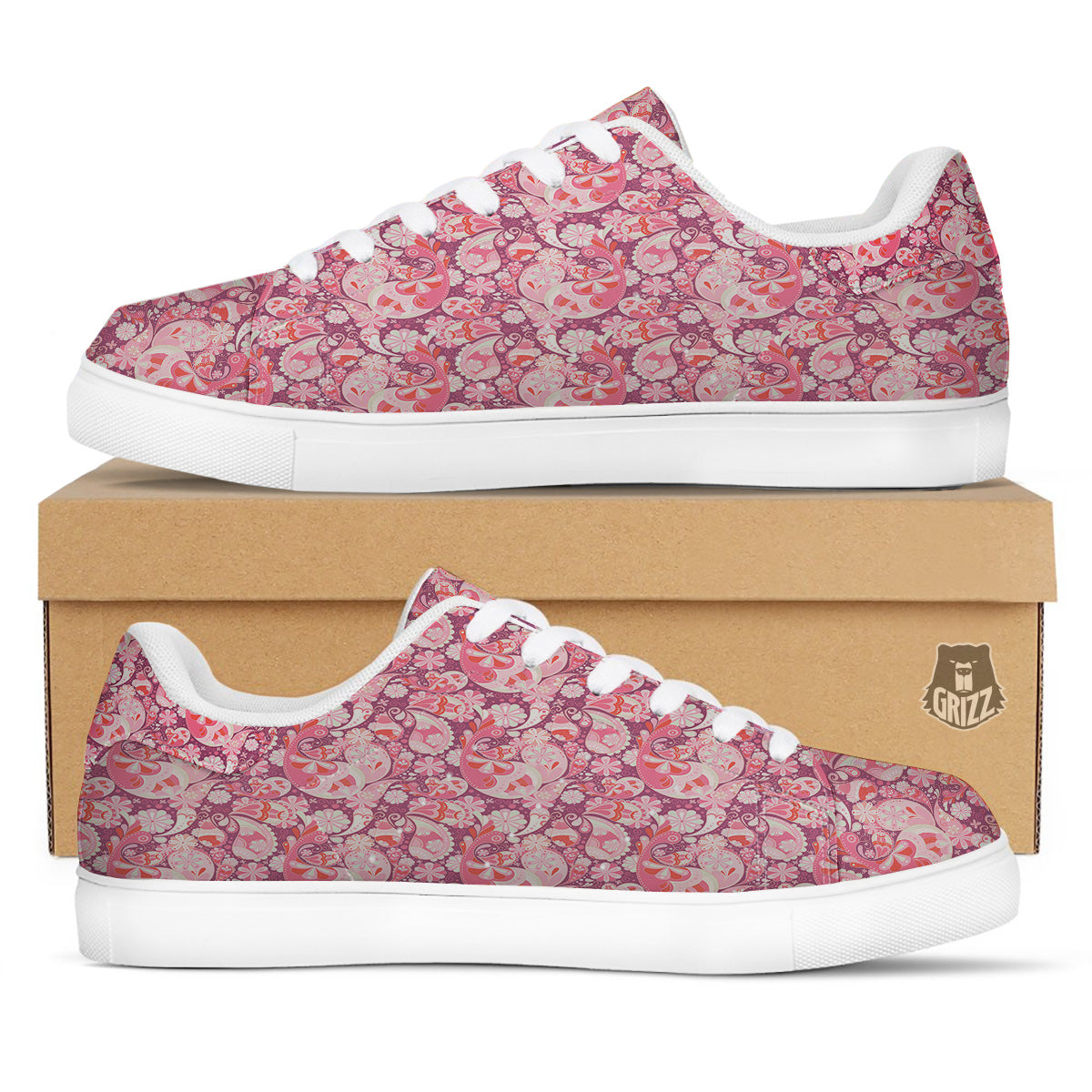 Floral Pink Paisley Print Pattern White Low Top Sneakers-grizzshop