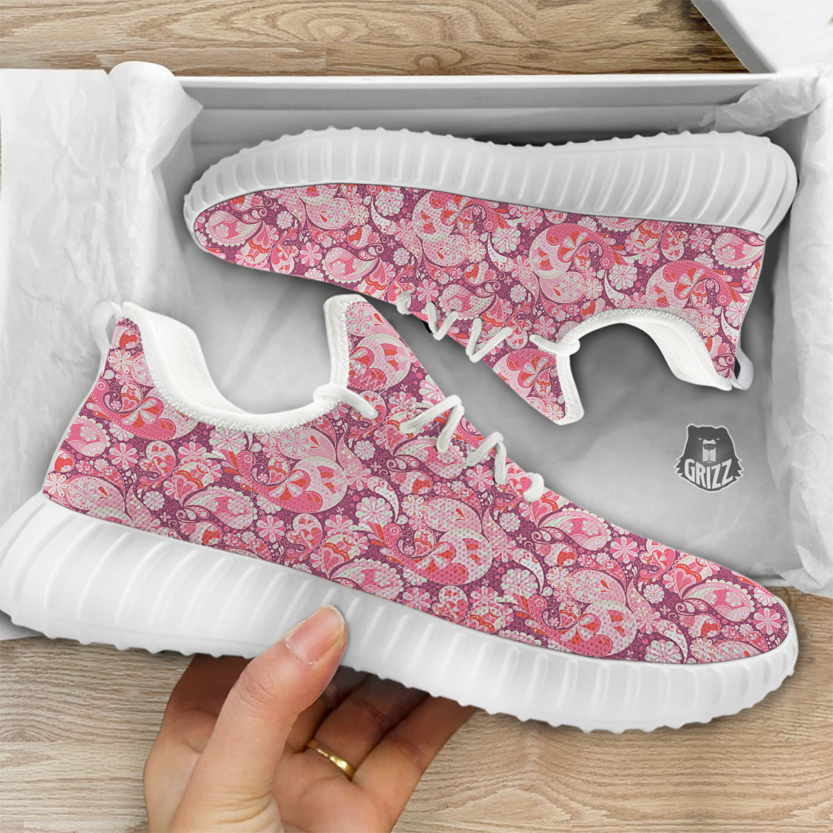 Floral Pink Paisley Print Pattern White Walking Shoes-grizzshop