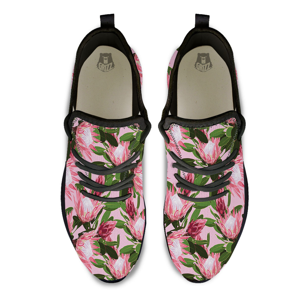 Floral Protea Print Pattern Black Athletic Shoes-grizzshop