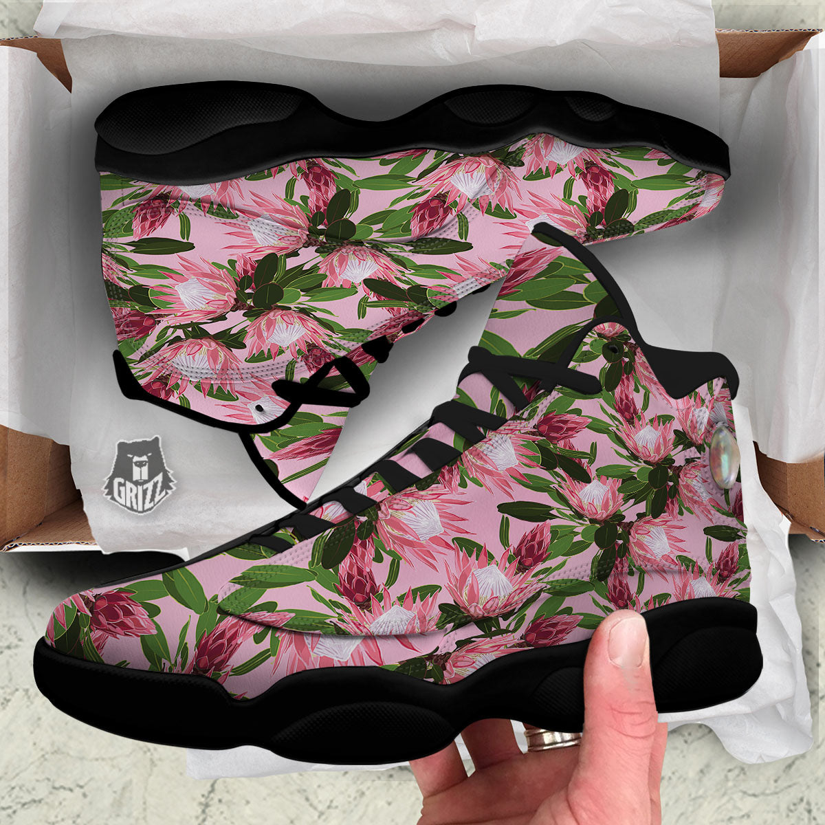 Floral Protea Print Pattern Black Basketball Shoes-grizzshop