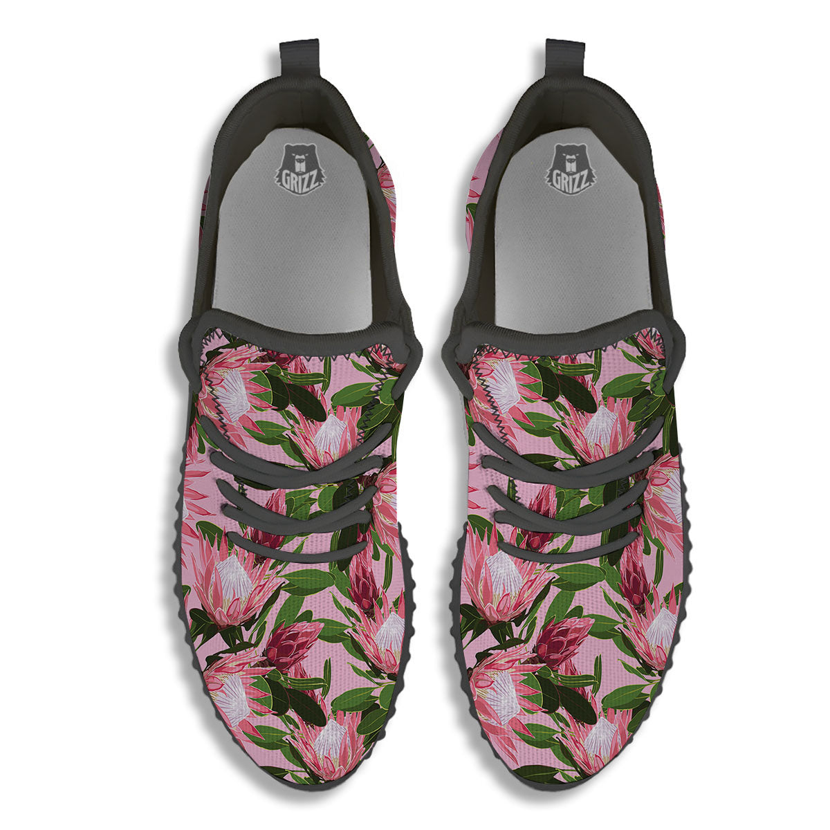 Floral Protea Print Pattern Black Walking Shoes-grizzshop