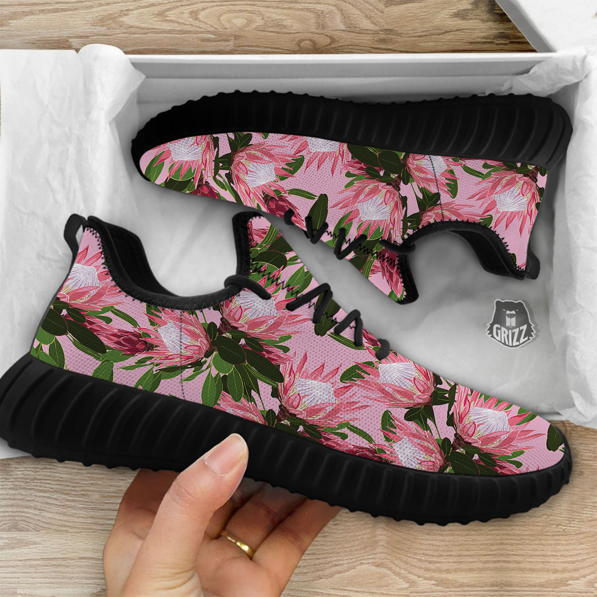 Floral Protea Print Pattern Black Walking Shoes-grizzshop