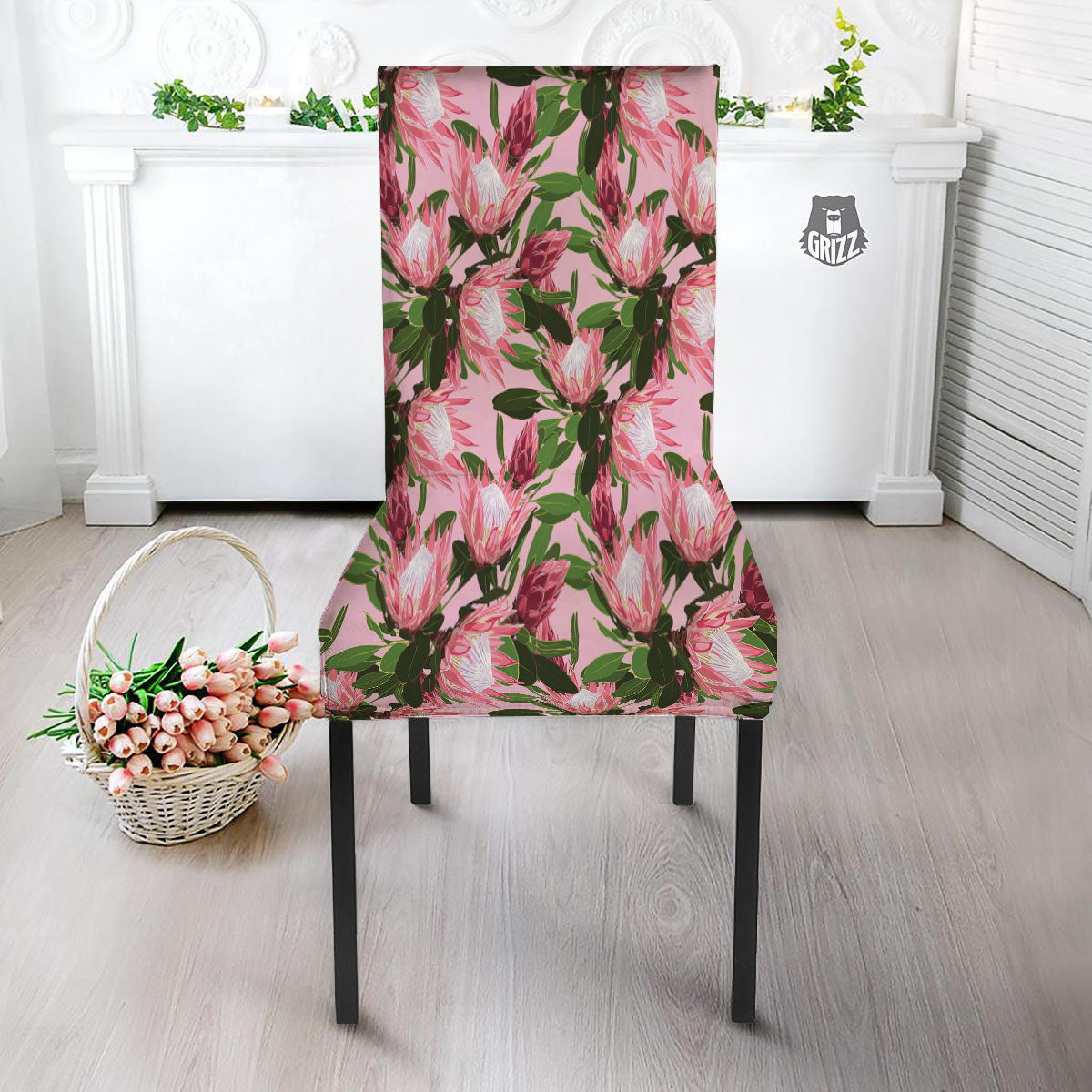 Floral Protea Print Pattern Dining Chair Slipcover-grizzshop