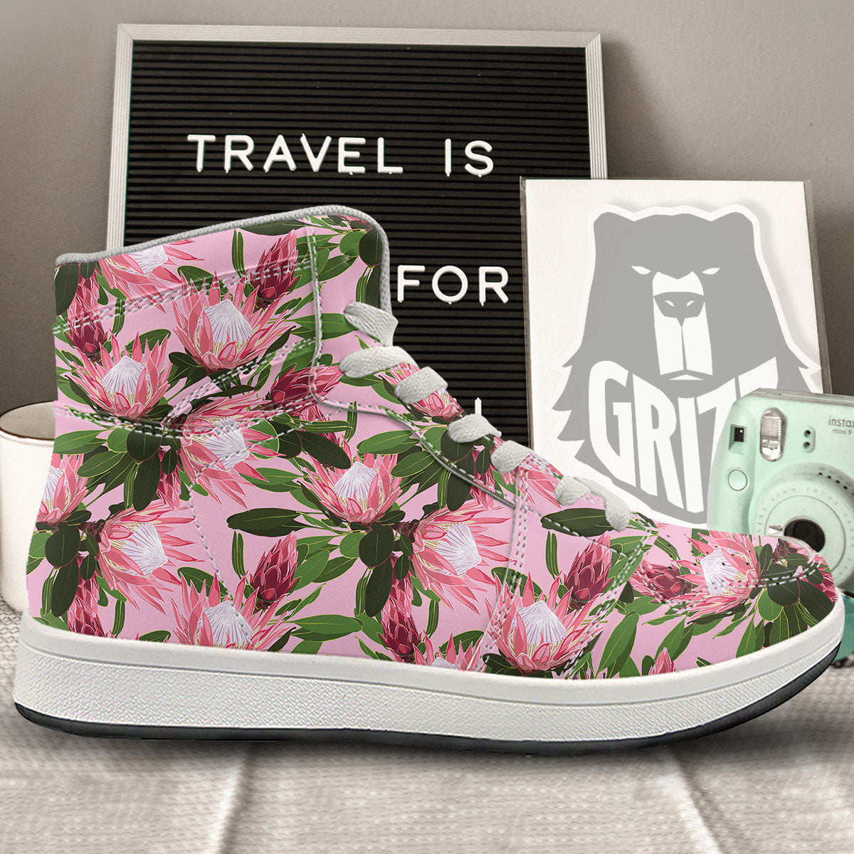 Floral Protea Print Pattern High Top Sneakers-grizzshop