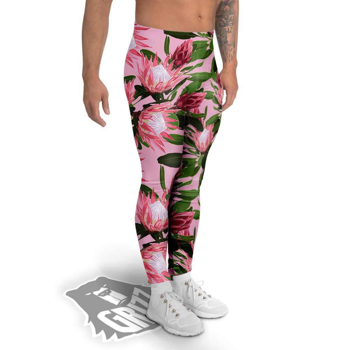 Floral Protea Print Pattern Men's Leggings-grizzshop