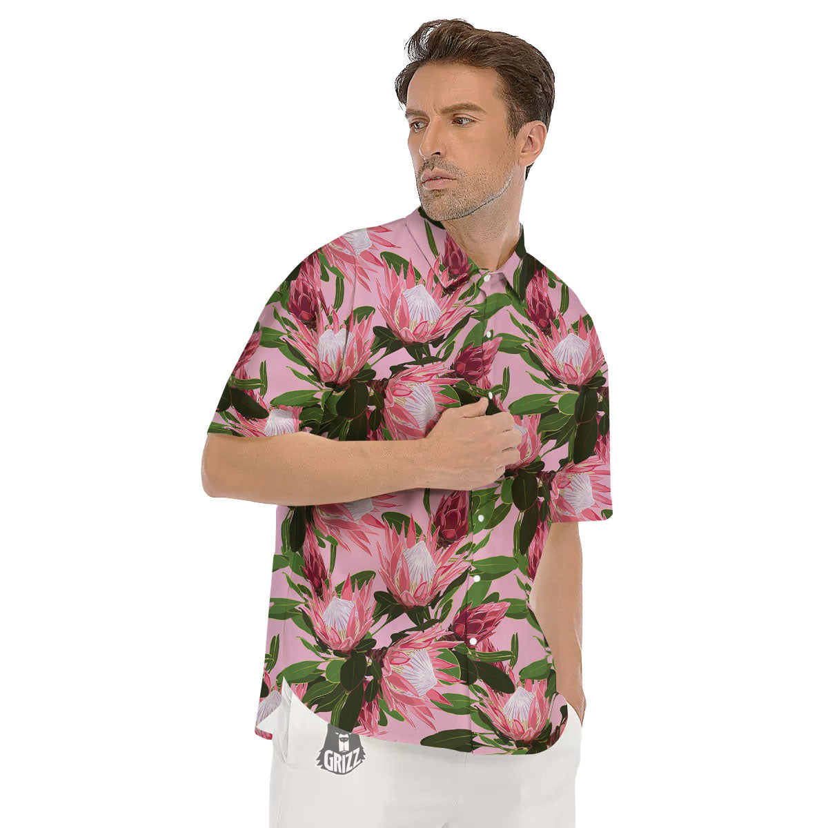 Floral Protea Print Pattern Men's Short Sleeve Shirts-grizzshop