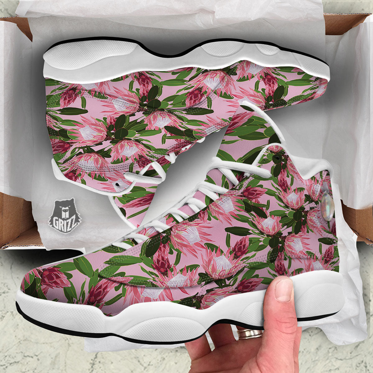 Floral Protea Print Pattern White Basketball Shoes-grizzshop