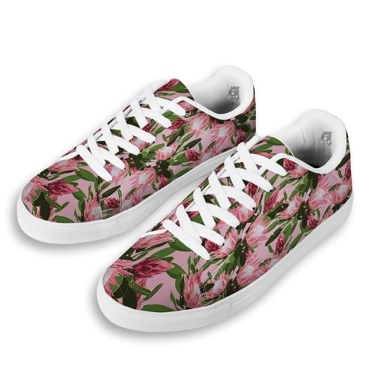 Floral Protea Print Pattern White Low Top Sneakers-grizzshop