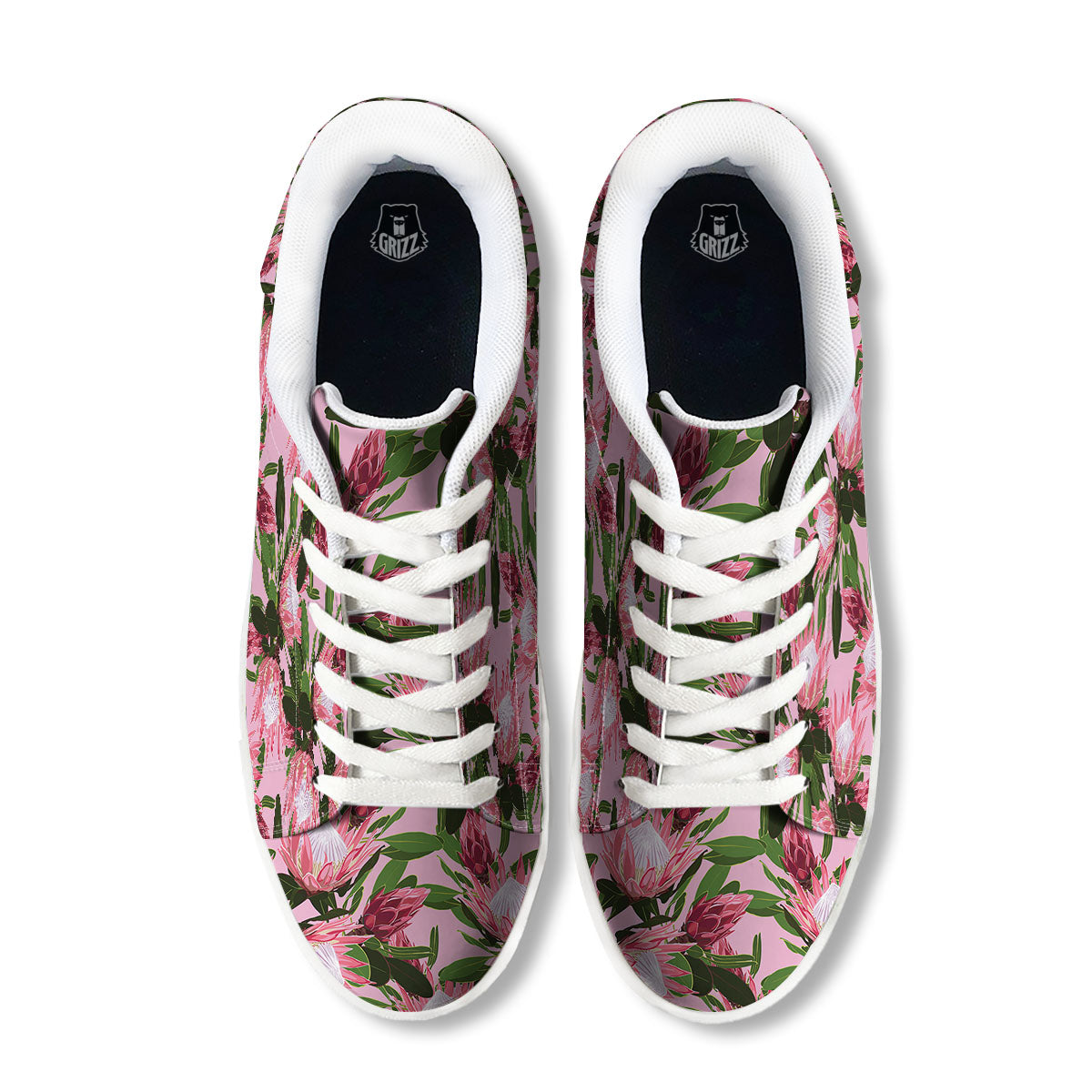 Floral Protea Print Pattern White Low Top Sneakers-grizzshop