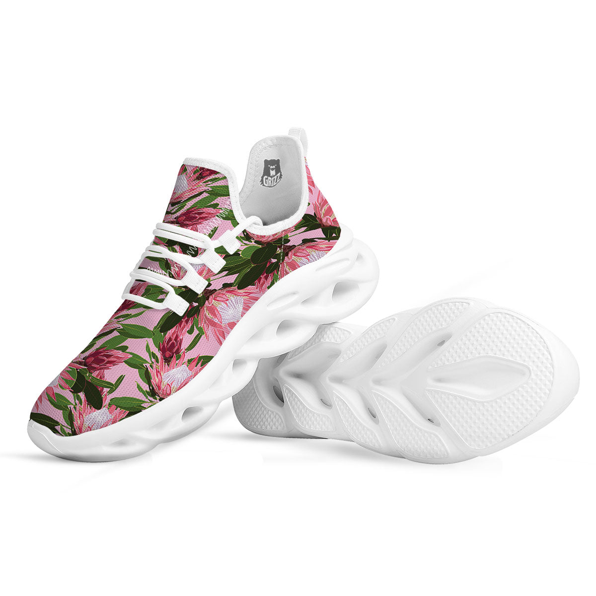 Floral Protea Print Pattern White Running Shoes-grizzshop