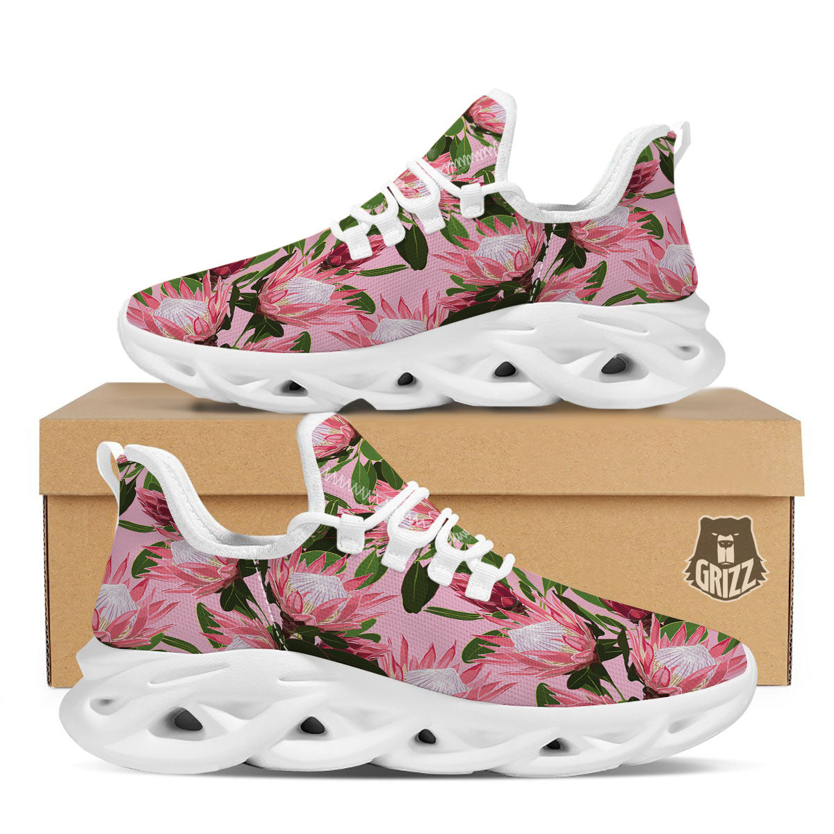 Floral Protea Print Pattern White Running Shoes-grizzshop