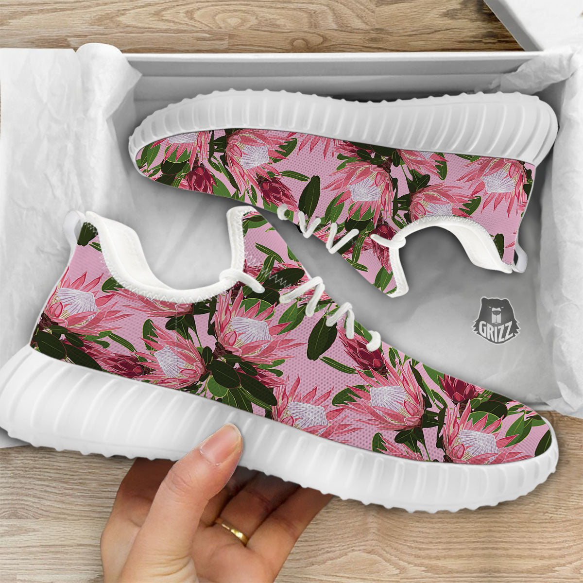 Floral Protea Print Pattern White Walking Shoes-grizzshop