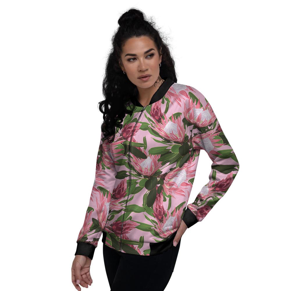 Floral Protea Print Pattern Women's Bomber Jacket-grizzshop