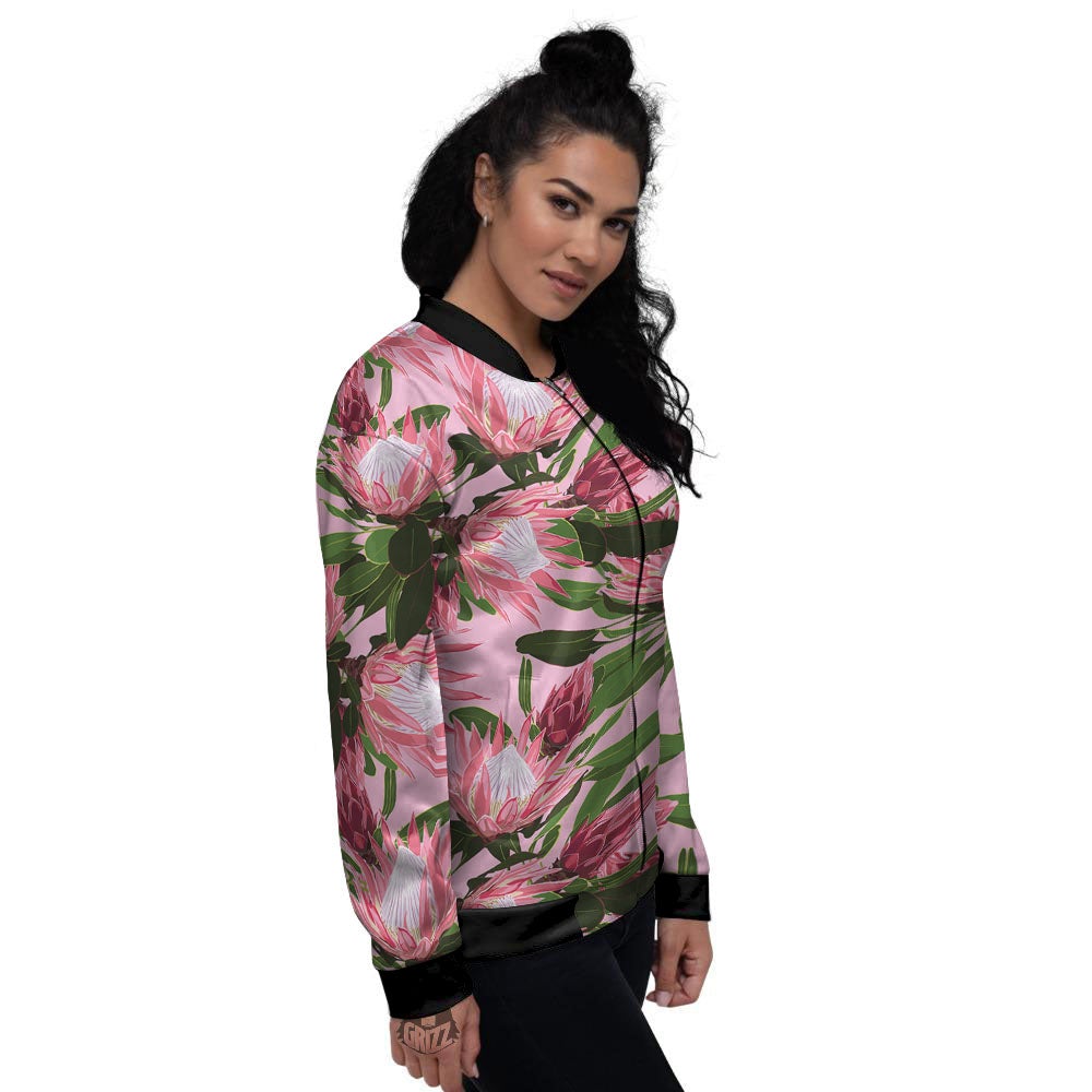 Floral Protea Print Pattern Women's Bomber Jacket-grizzshop