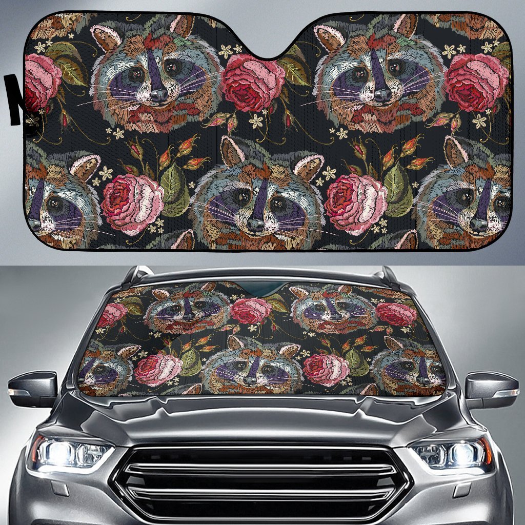Floral Raccoon Pattern Print Car Sun Shade-grizzshop