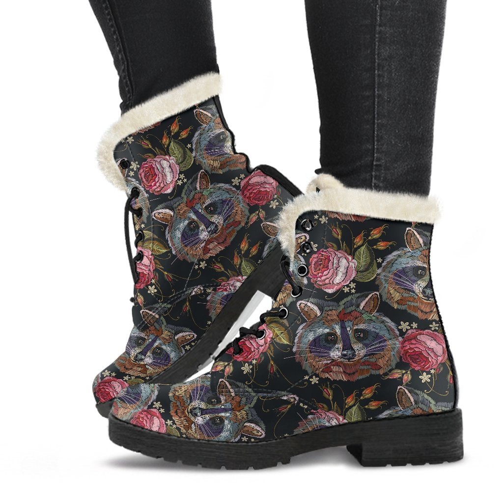 Floral Raccoon Pattern Print Comfy Winter Boots-grizzshop