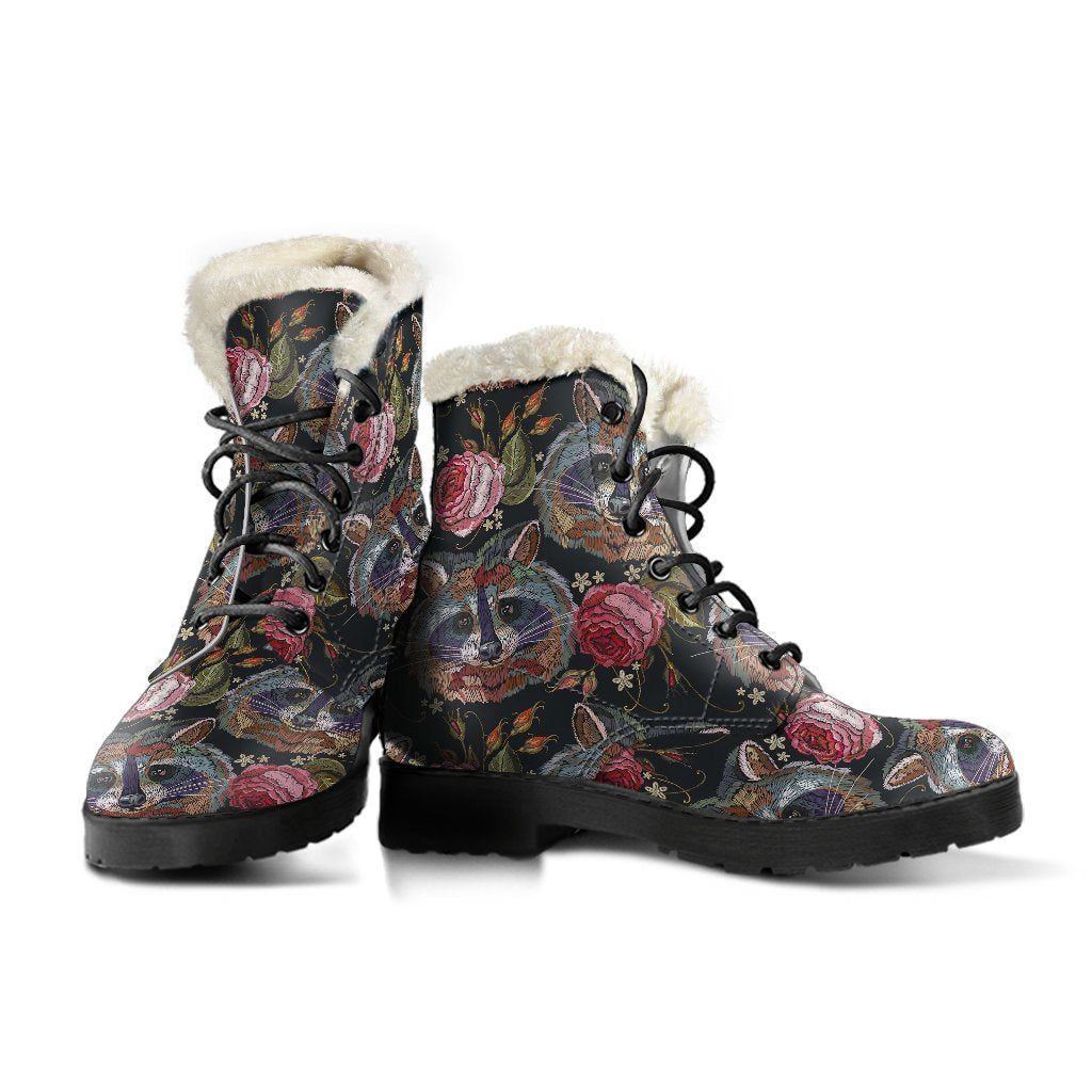 Floral Raccoon Pattern Print Comfy Winter Boots-grizzshop