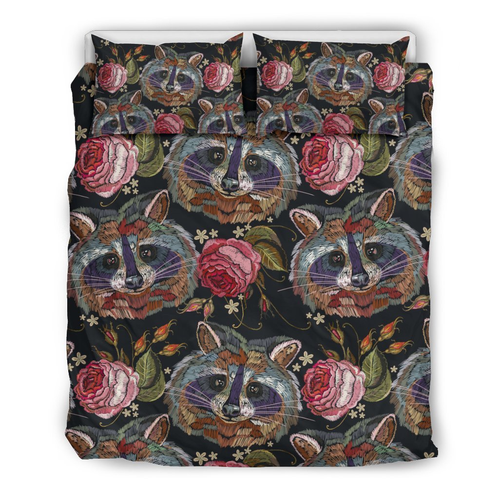 Floral Raccoon Pattern Print Duvet Cover Bedding Set-grizzshop