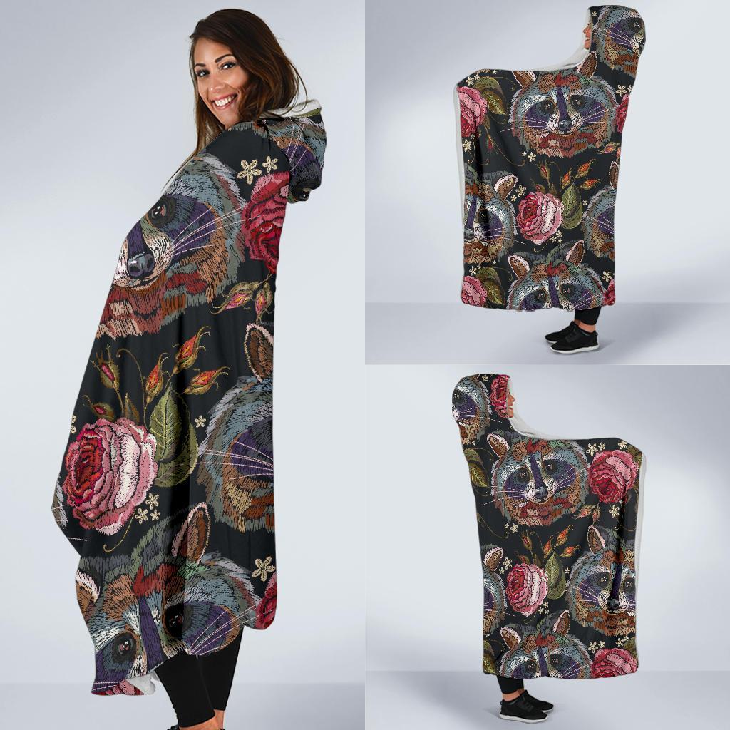 Floral Raccoon Pattern Print Hooded Blanket-grizzshop