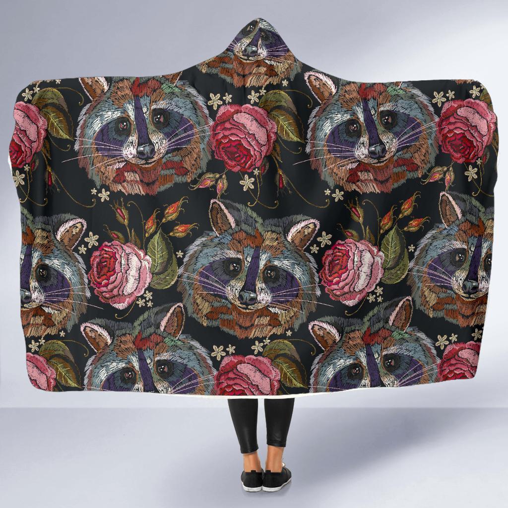 Floral Raccoon Pattern Print Hooded Blanket-grizzshop